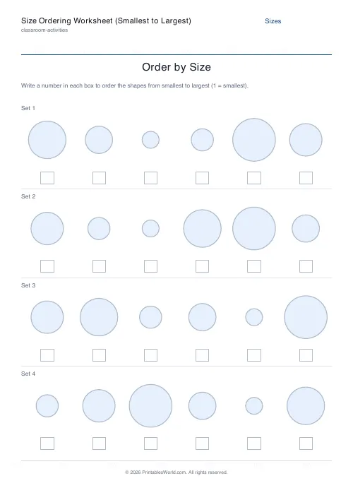 Free printable size ordering worksheet — 6 shapes — PDF download