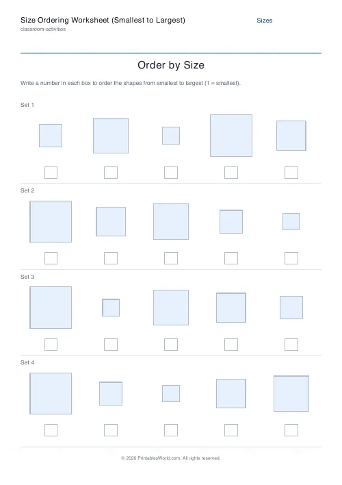 Free printable size ordering worksheet — Squares, with answer key — PDF download