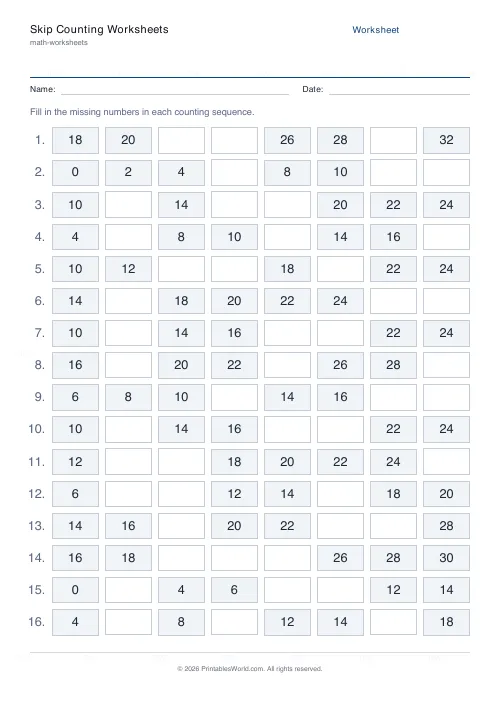 Free printable skip counting worksheet (2s), PDF download