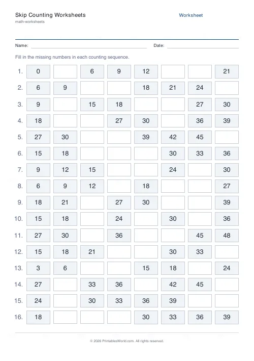 Free printable skip counting worksheet (3s, with answer key), PDF download