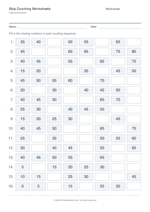 Free printable skip counting worksheet (5s, with answer key), PDF download