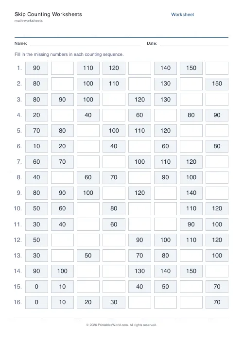 Free printable skip counting worksheet (10s, with answer key), PDF download