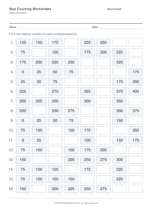 Free printable skip counting worksheet (25s, with answer key), PDF download
