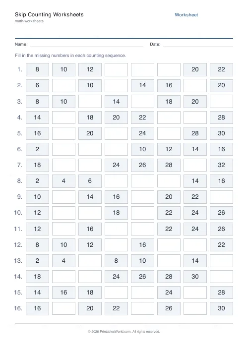 Free printable skip counting worksheet (Forward, with answer key), PDF download