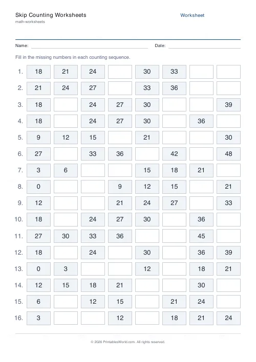 Free printable skip counting worksheet (3s), PDF download