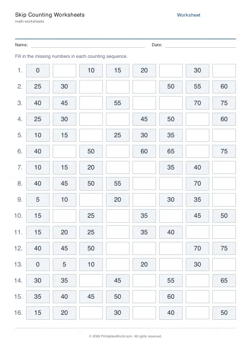 Free printable skip counting worksheet (5s), PDF download