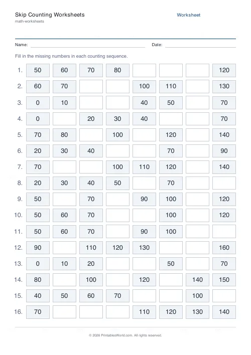Free printable skip counting worksheet (10s), PDF download