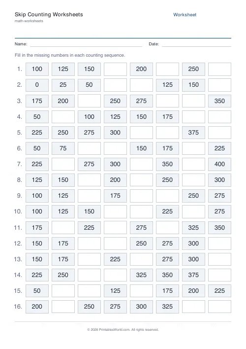 Free printable skip counting worksheet (25s), PDF download