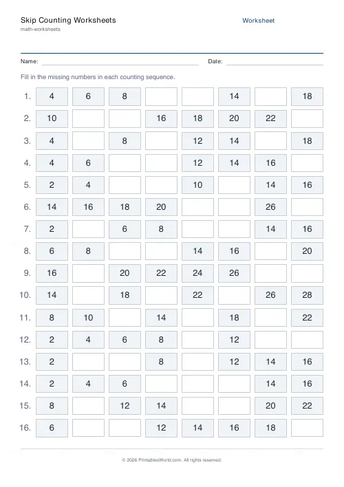 Free printable skip counting worksheet (Forward), PDF download