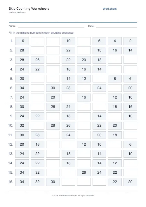 Free printable skip counting worksheet (Backward), PDF download