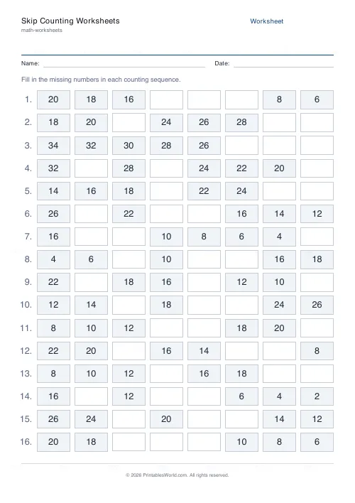 Free printable skip counting worksheet (Mixed), PDF download
