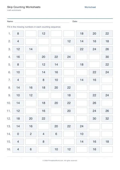 Free printable skip counting worksheet (2s, with answer key), PDF download