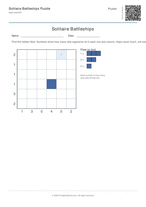 Free printable battleships logic puzzle (6x6, with answer key), PDF download