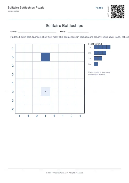 Free printable battleships logic puzzle (Easy, with answer key), PDF download