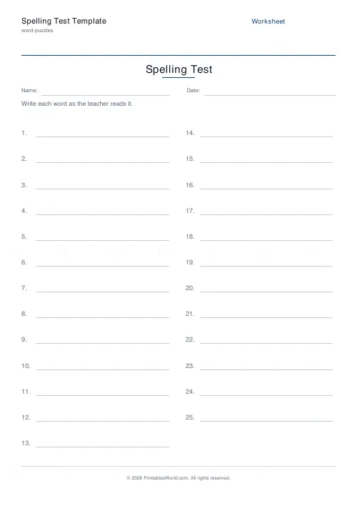 Free printable spelling test template (25 words), PDF download