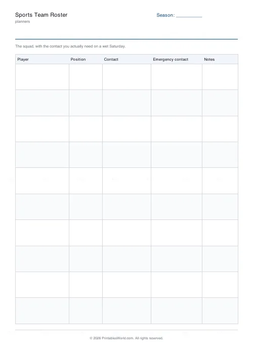 Free printable sports team roster (10 rows), PDF download