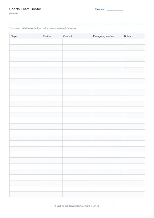 Free printable sports team roster (28 rows), PDF download