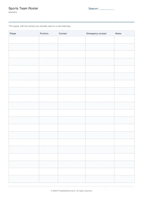 Free printable sports team roster (No name and date band), PDF download