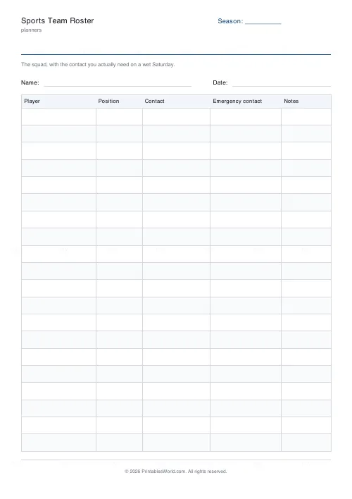 Free printable sports team roster (With a name and date band), PDF download