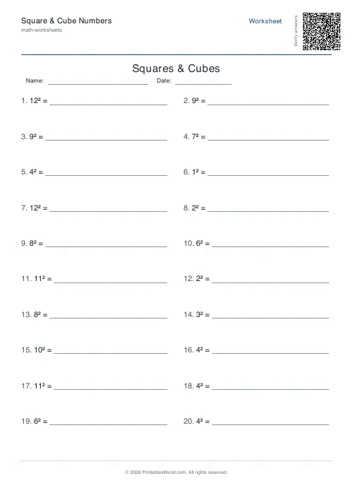 Free printable squares, cubes and roots worksheet (Squares), PDF download