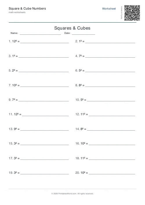 Free printable squares, cubes and roots worksheet (Squares, with answer key), PDF download