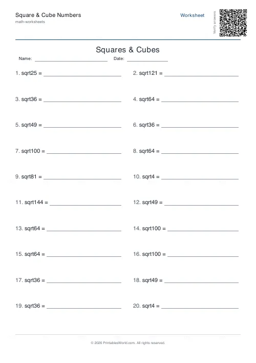 Free printable squares, cubes and roots worksheet (Square roots, with answer key), PDF download