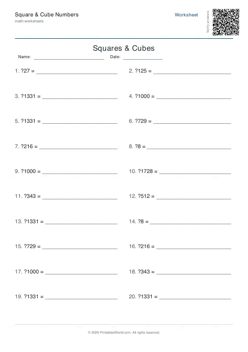 Free printable squares, cubes and roots worksheet (Cube roots, with answer key), PDF download