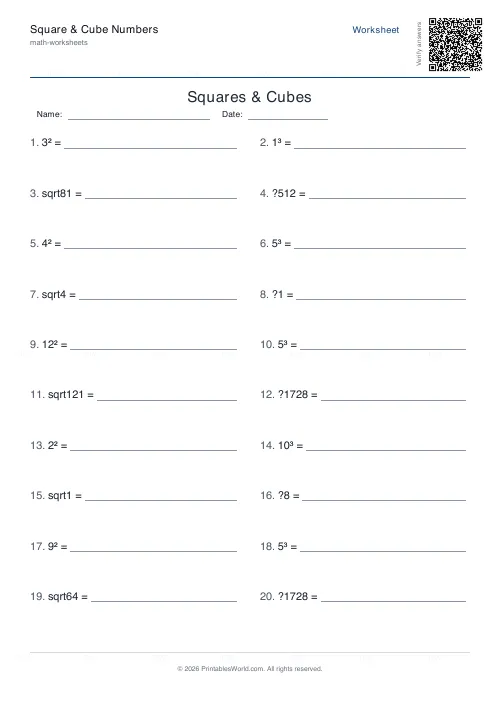 Free printable squares, cubes and roots worksheet (Mixed, with answer key), PDF download