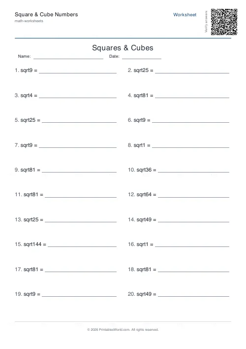 Free printable squares, cubes and roots worksheet (Square roots), PDF download