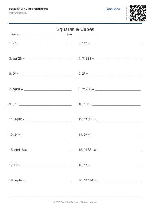 Free printable squares, cubes and roots worksheet (Mixed), PDF download