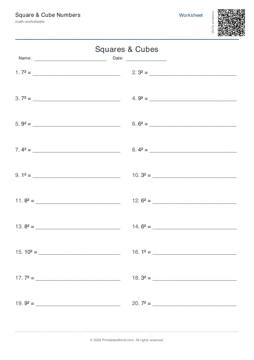 Free printable squares, cubes and roots worksheet (Up to 10), PDF download