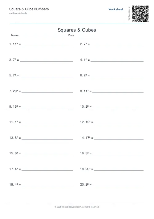 Free printable squares, cubes and roots worksheet (Up to 20), PDF download