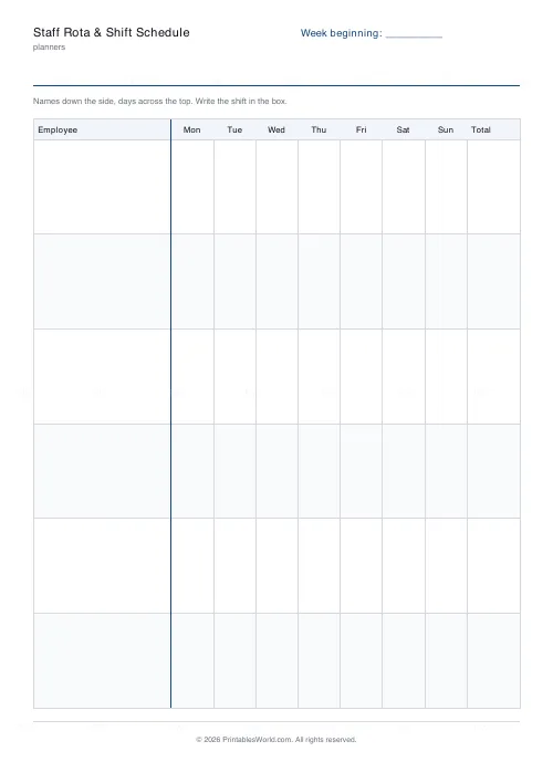 Free printable staff rota and shift schedule (6 rows), PDF download