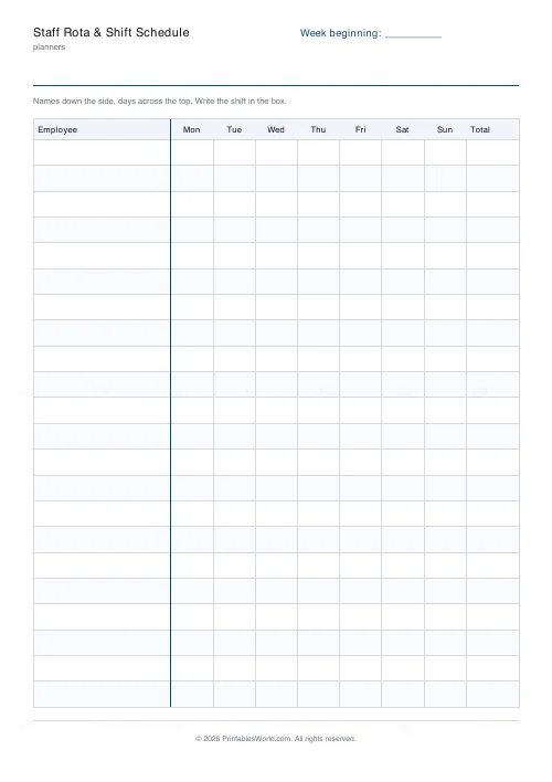 Free printable staff rota and shift schedule (22 rows), PDF download