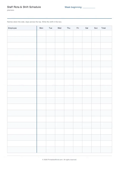 Free printable staff rota and shift schedule (No name and date band), PDF download