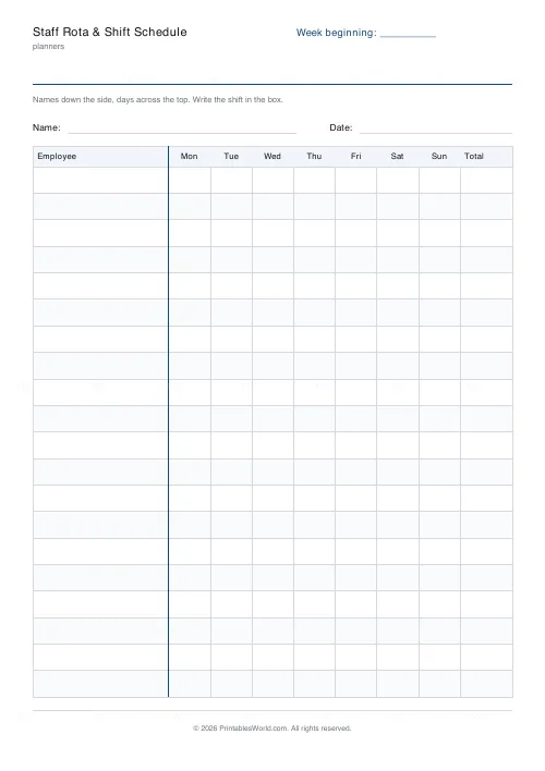 Free printable staff rota and shift schedule (With a name and date band), PDF download