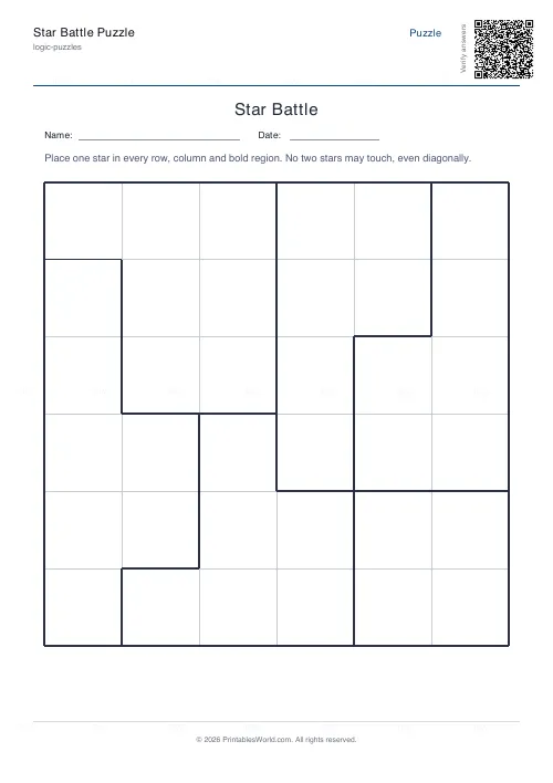 Free printable star battle puzzle (6x6, with answer key), PDF download