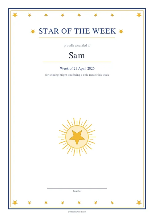 Free printable star of the week certificate — PDF download