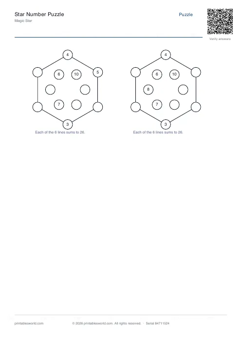 Free printable star Number Puzzle PDF — sheet 10