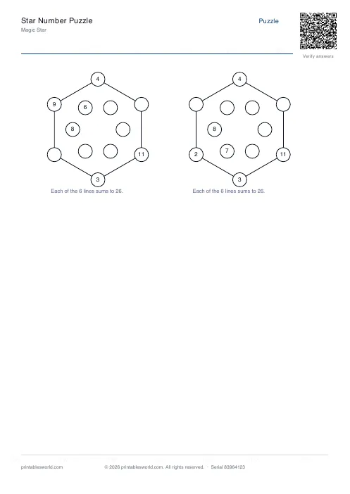 Free printable star Number Puzzle PDF — sheet 11