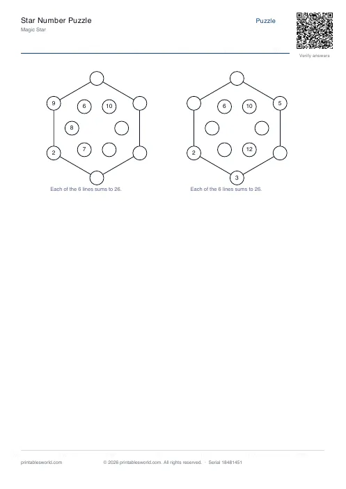 Free printable star Number Puzzle PDF — sheet 12