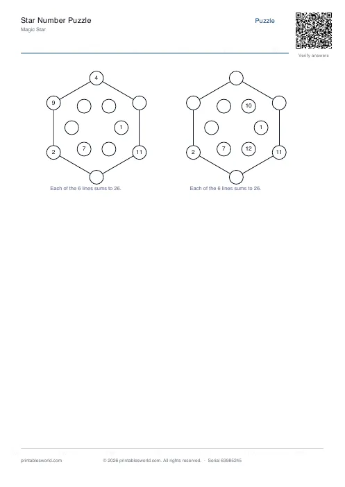 Free printable star Number Puzzle PDF — sheet 2