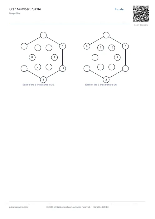 Free printable star Number Puzzle PDF — sheet 6