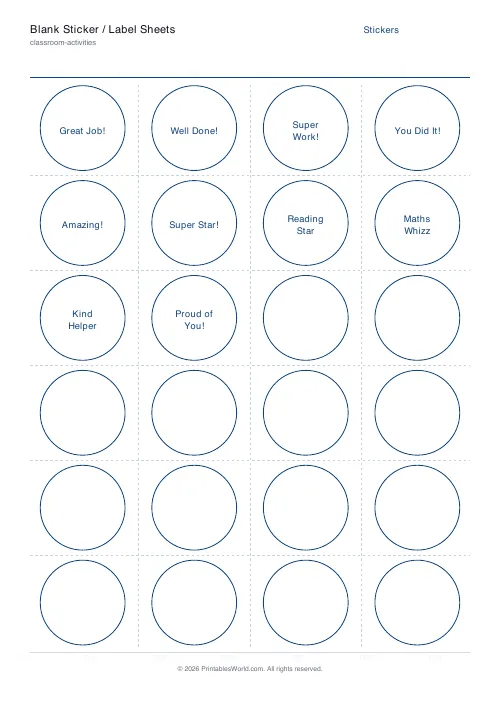 Free printable reward sticker sheet — Round (24/sheet) — PDF download