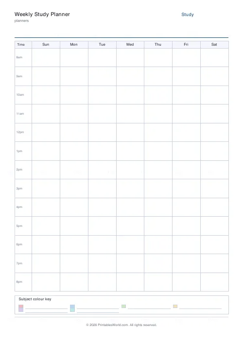 Free printable study planner (Sunday start), PDF download