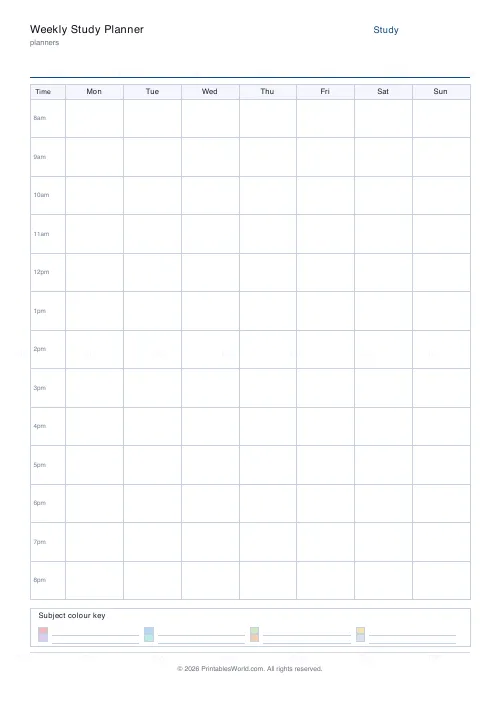Free printable study planner (8 subjects), PDF download