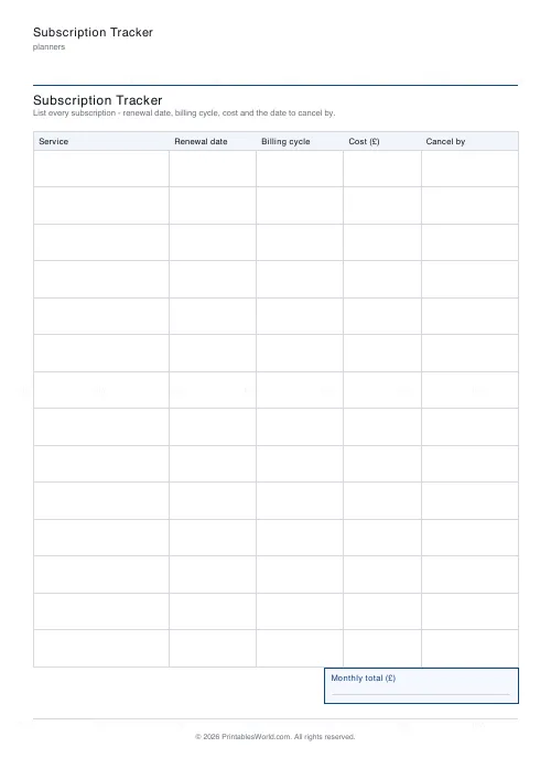 Free printable subscription tracker (Pounds (GBP)), PDF download