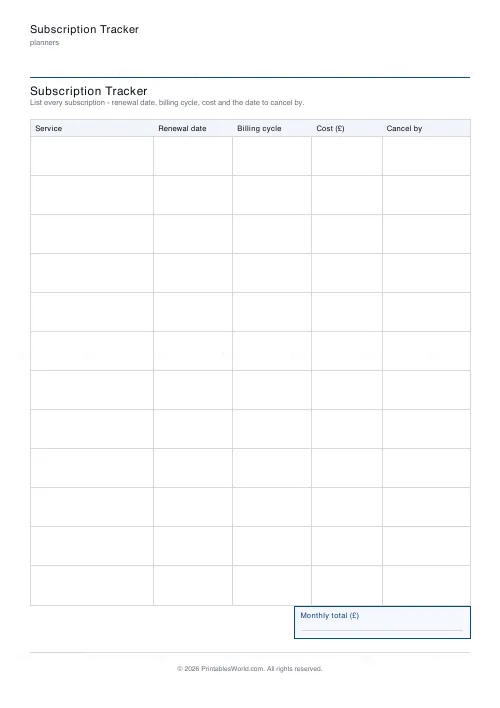 Free printable subscription tracker (12 subscriptions), PDF download