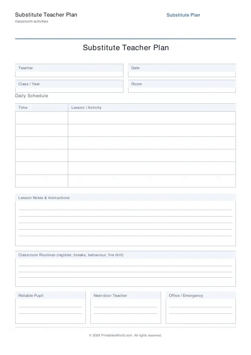 Free printable substitute teacher plan (6), PDF download