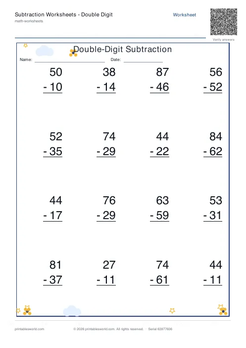 Free printable subtraction Worksheets — Double Digit PDF — sheet 1